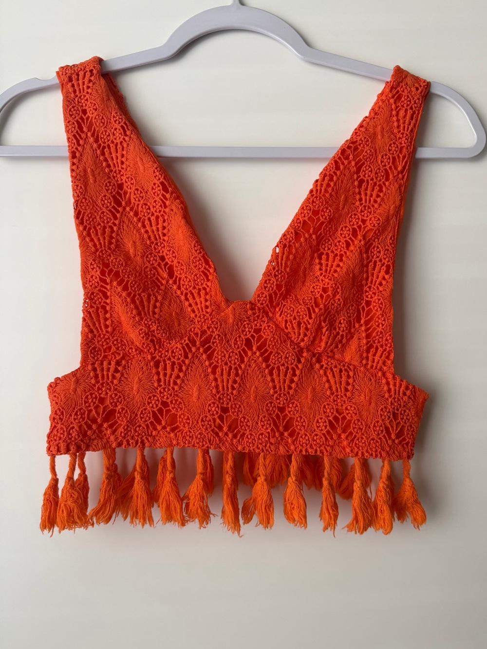 SHEIN Orange Crochet Tassel V-Neck Crop Camisole